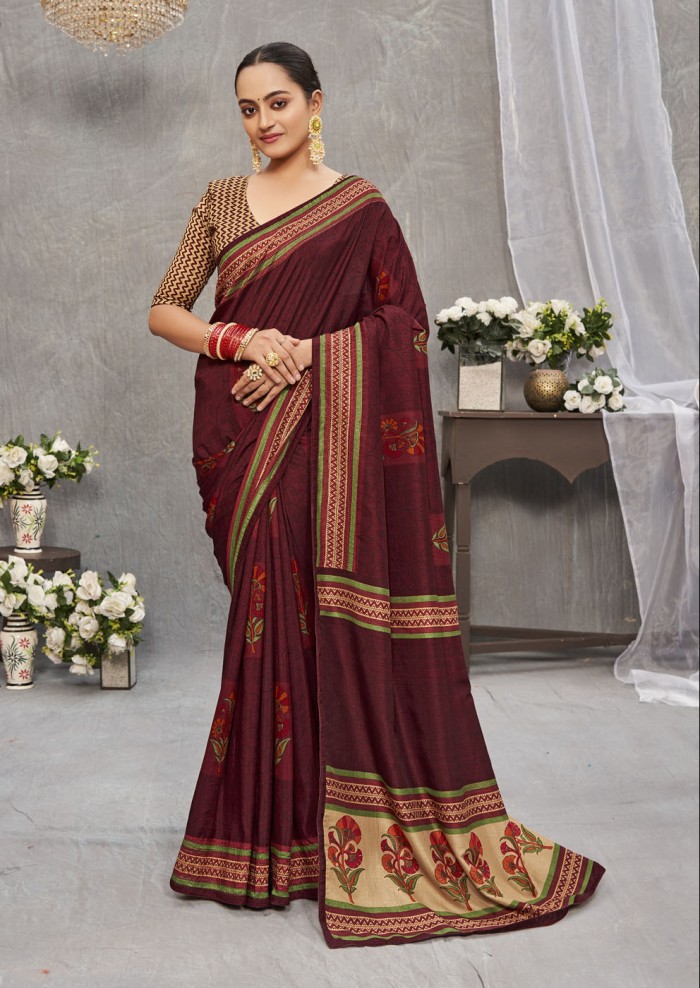 Dark Maroon Tusser Silk Saree Ashvi 26241 