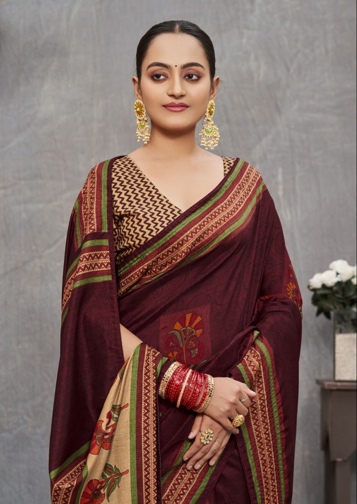 Dark Maroon Tusser Silk Saree Ashvi 26241 