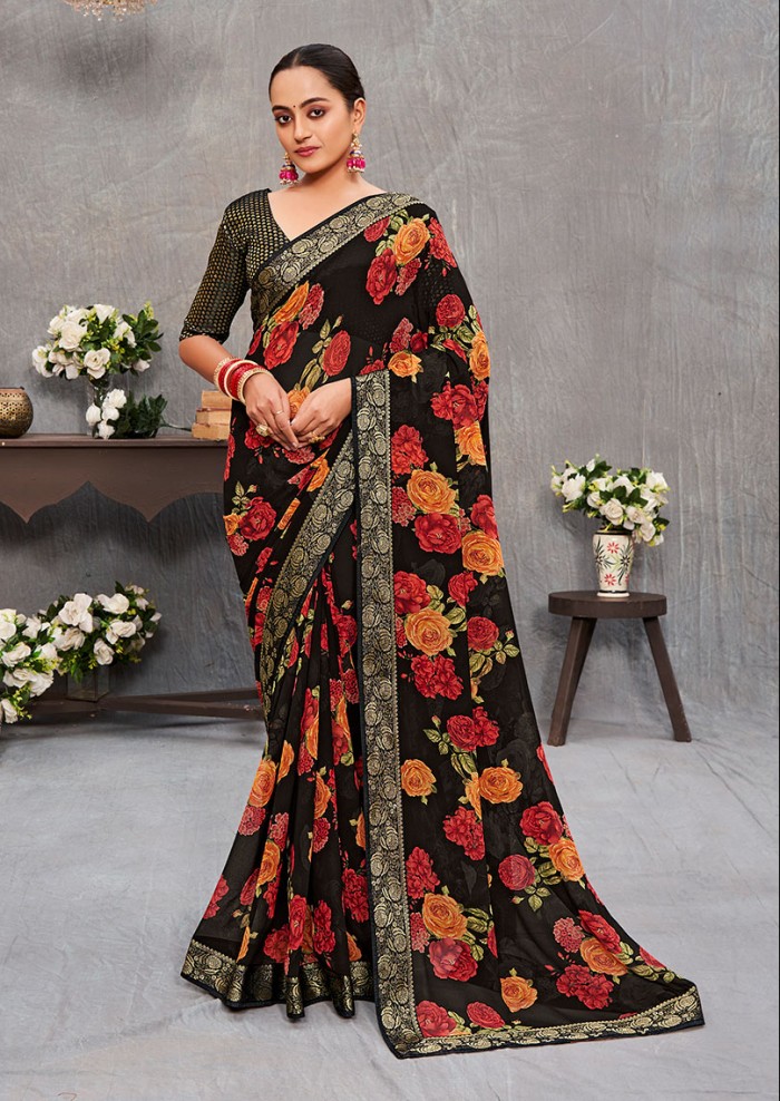 Women's Georgette Floral Print With Ready-made Lace Black Saree