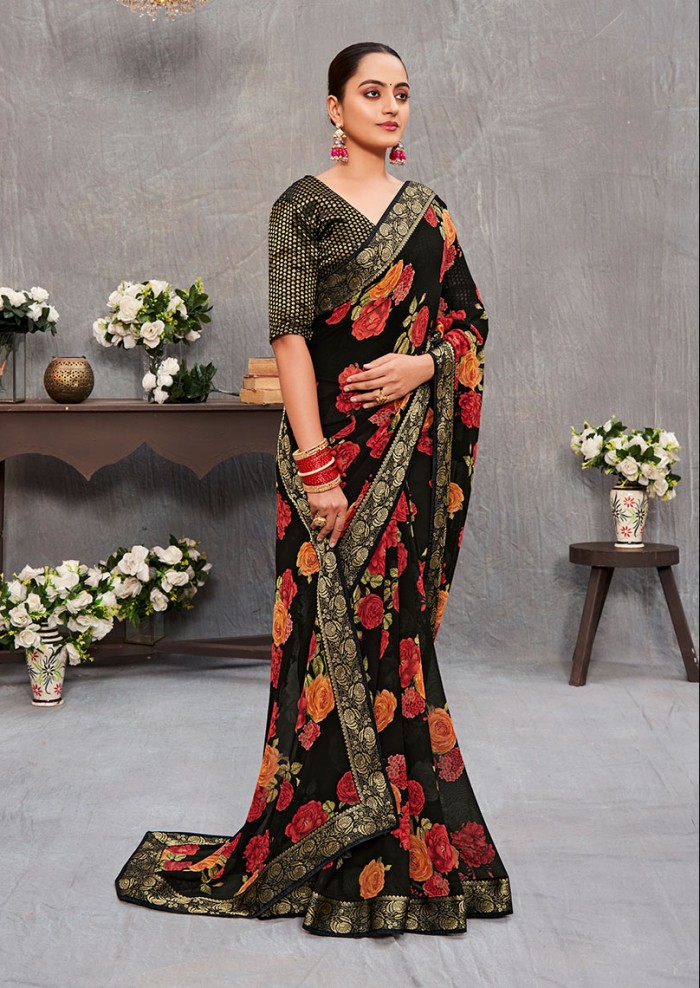 Women's Georgette Floral Print With Ready-made Lace Black Saree