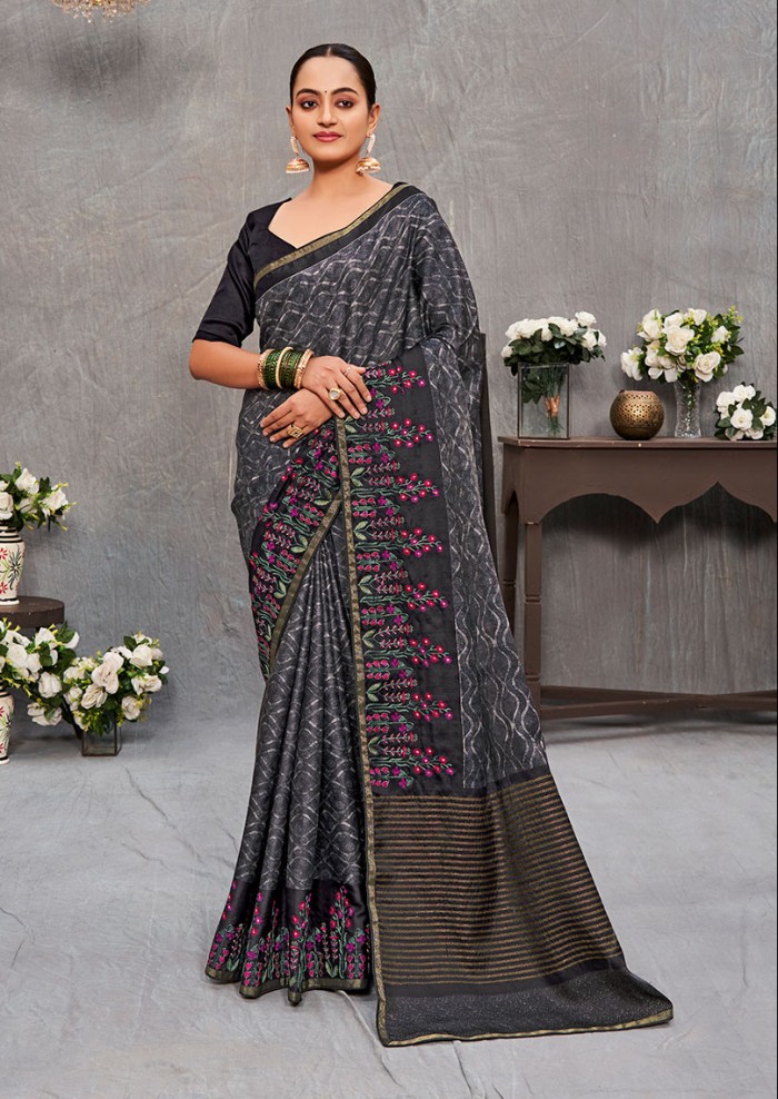 Women's Cotton Silk Prited and Embrodery Grey Saree 