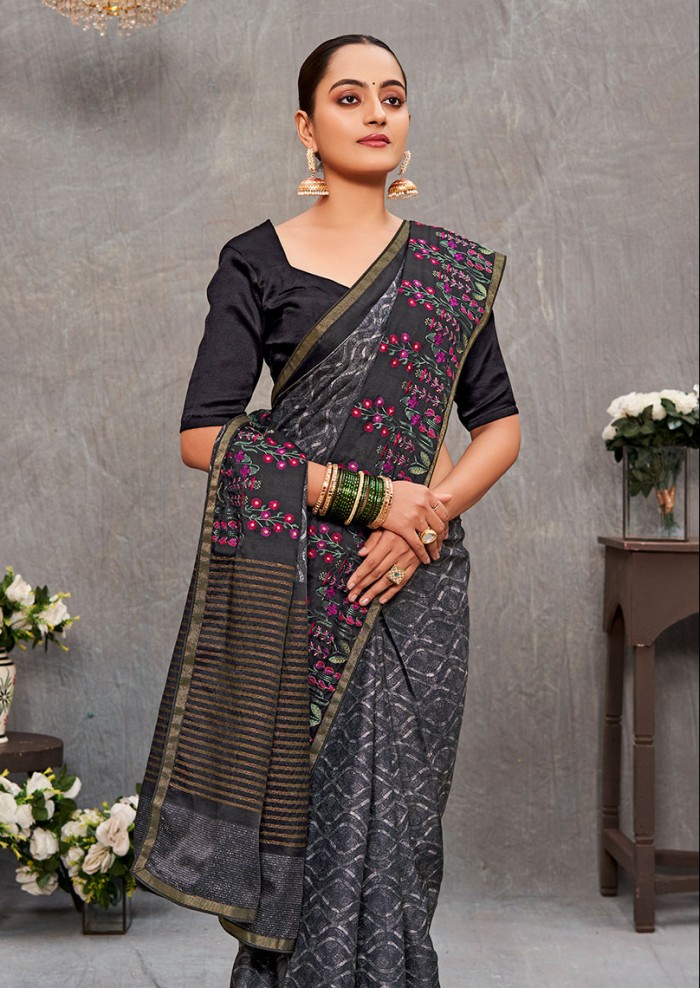 Women's Cotton Silk Prited and Embrodery Grey Saree 