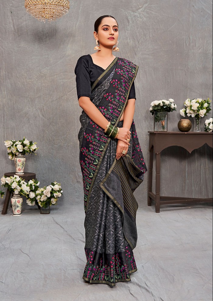 Women's Cotton Silk Prited and Embrodery Grey Saree 