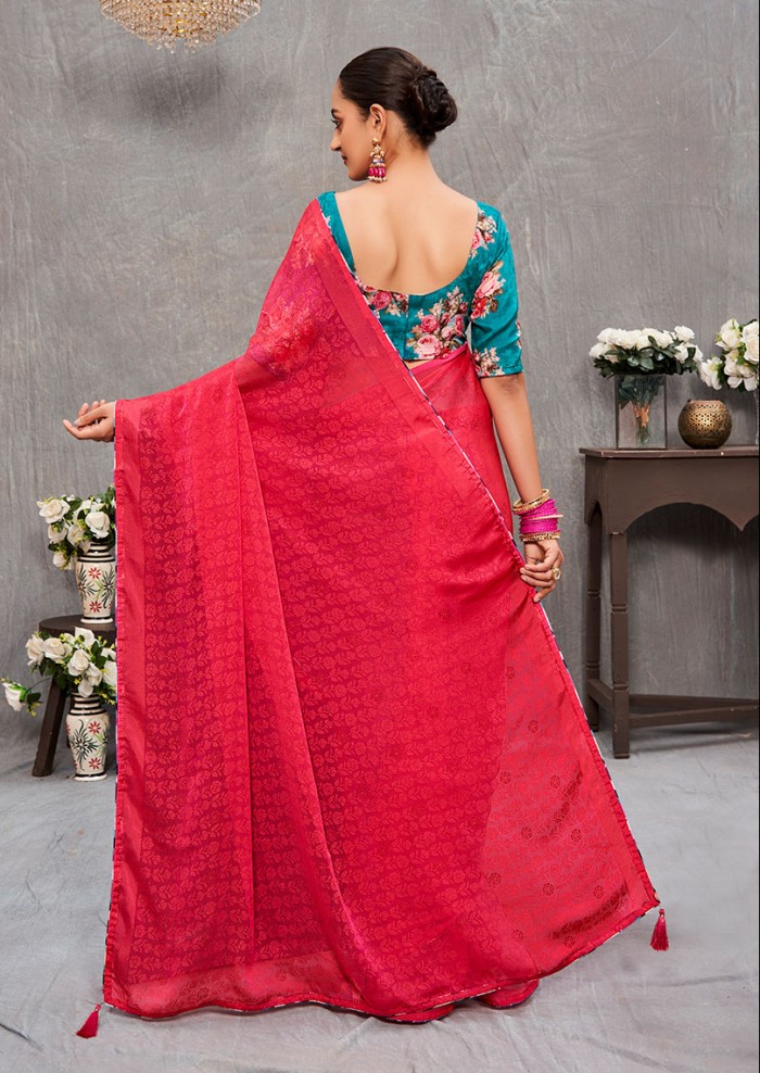 Women's Brasso Negative Floral Print Gajari Saree