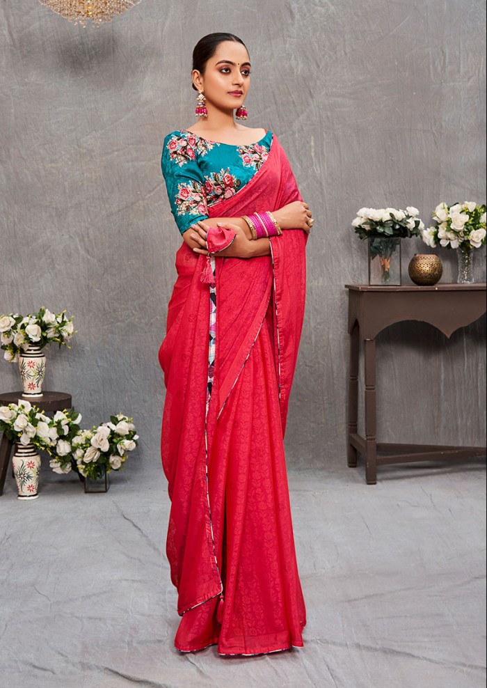 Women's Brasso Negative Floral Print Gajari Saree