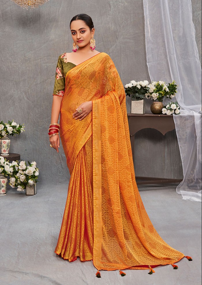 Women's Brasso Allover Floral Mustard Saree