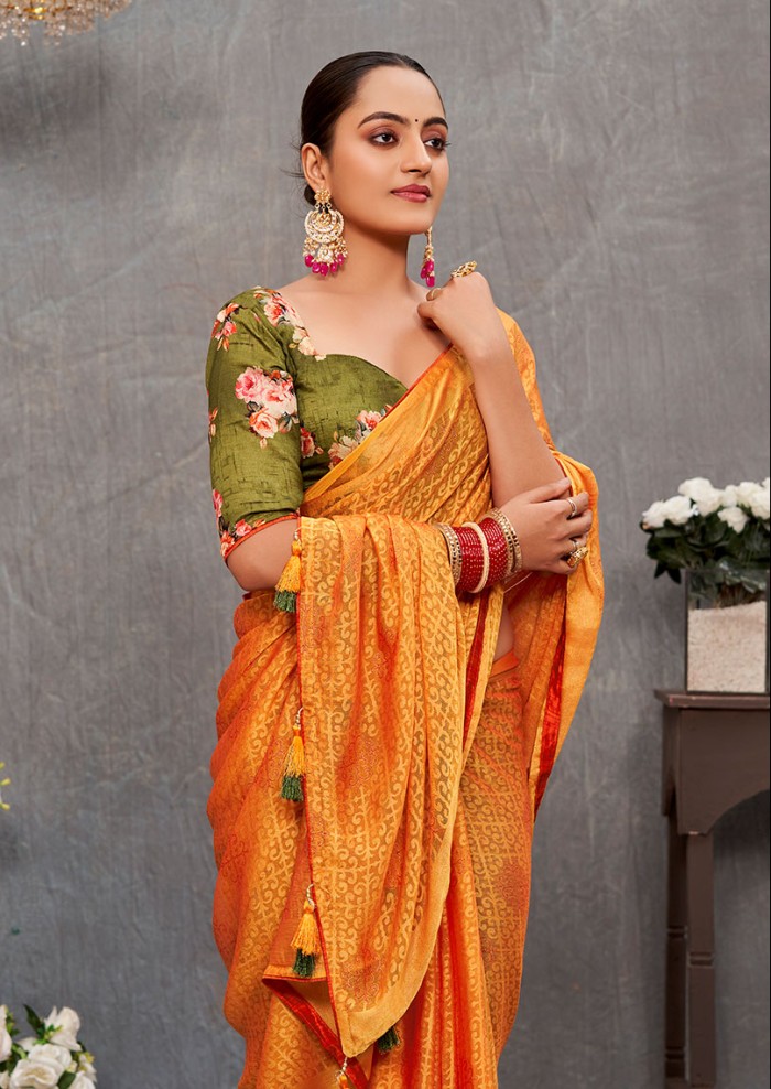 Women's Brasso Allover Floral Mustard Saree