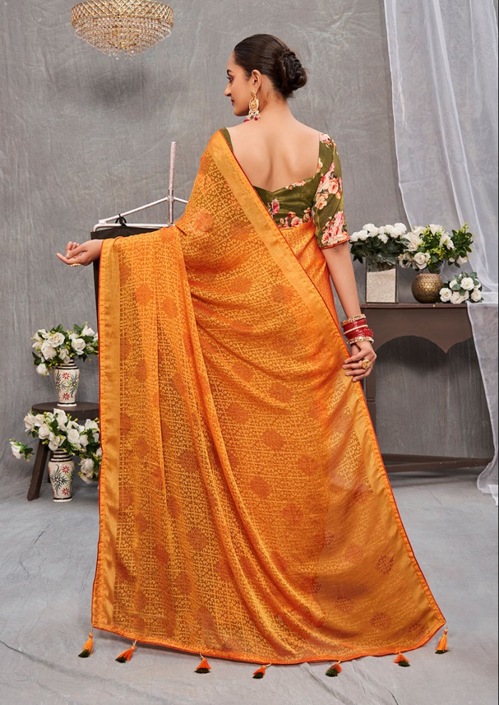 Women's Brasso Allover Floral Mustard Saree