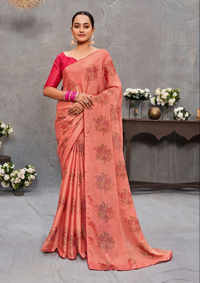 Women's Allover Brasso Floral Print Light Pink Saree