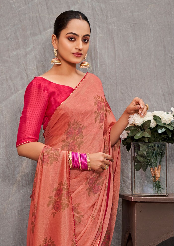 Women's Allover Brasso Floral Print Light Pink Saree