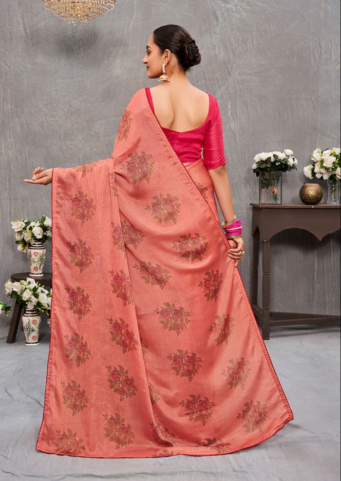 Women's Allover Brasso Floral Print Light Pink Saree