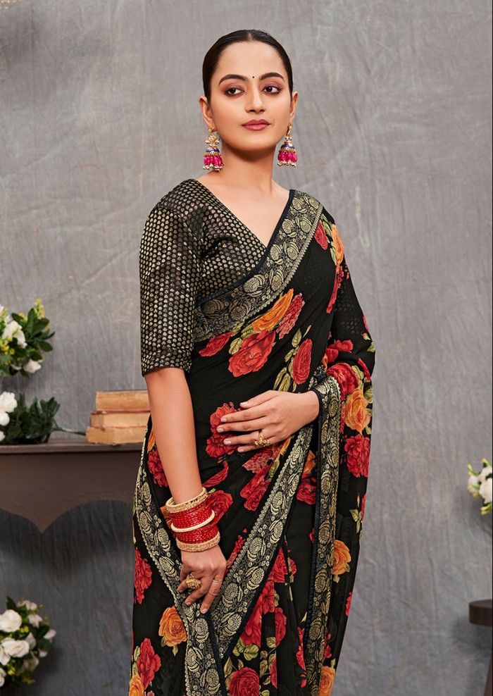 Women's Georgette Floral Print With Ready-made Lace Black Saree