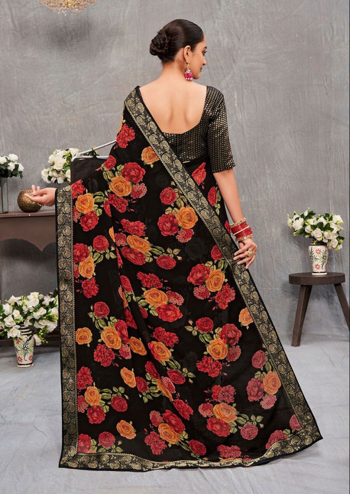 Women's Georgette Floral Print With Ready-made Lace Black Saree