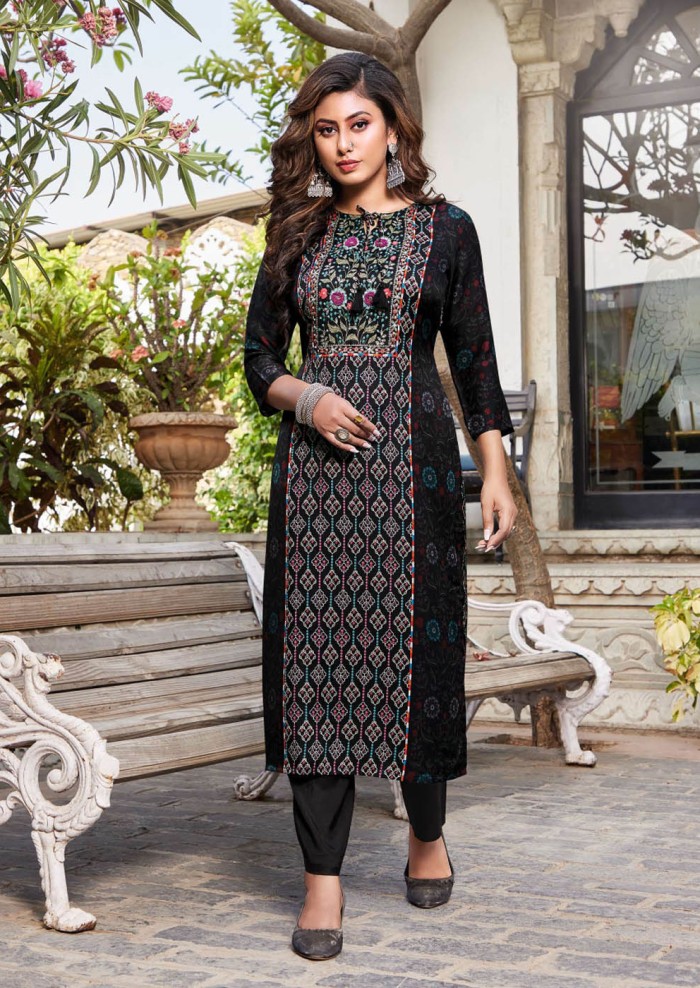 Women's Muslin Black Round Neck Straight Printed And Hand Work Kurti With Bottom