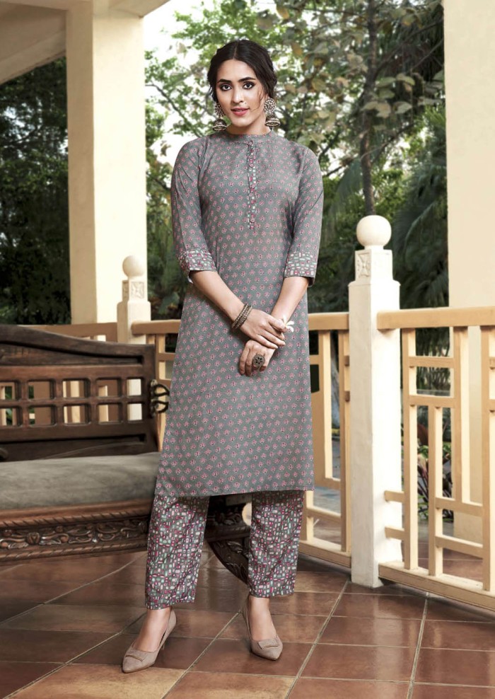 Women's Muslin Slate Coller Neck And Placket Patti Printed Straight Kurti With Printed Bottom
