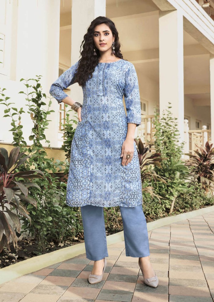 Women's Muslin Skyblue Round Neck, Kalimundi Work And Sleeves Cuff Printed Straight Kurti With Plain Bottom