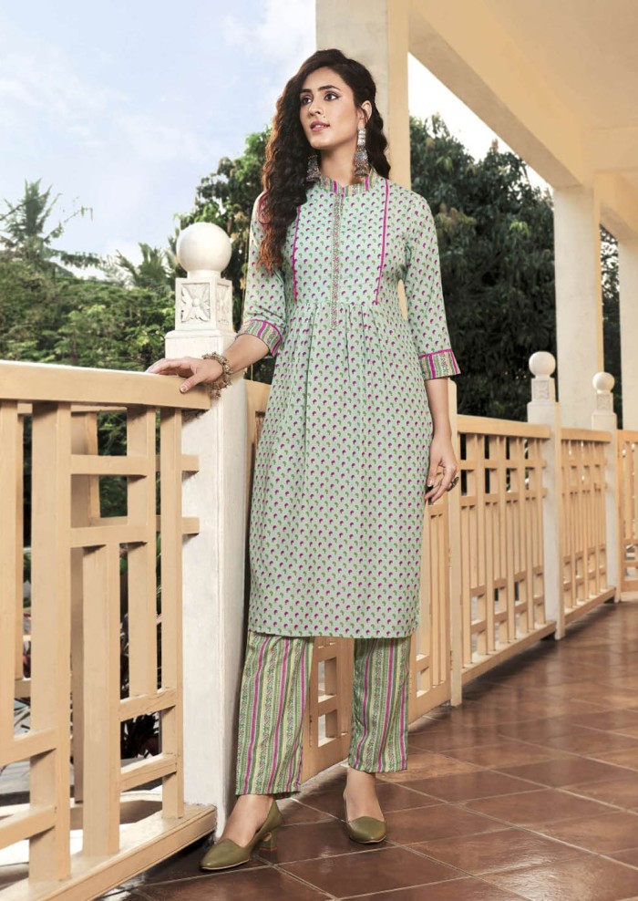 Women's Muslin Light Pista Coller Neck And Print Placket Patti Printed Straight Kurti With Printed Bottom