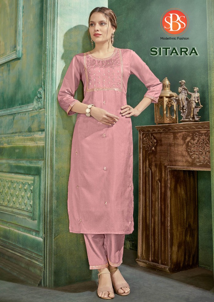 Women's Parampara Silk Pink Emroidery Work Sleeves Cuff Straight Kurti With Silk Bottom