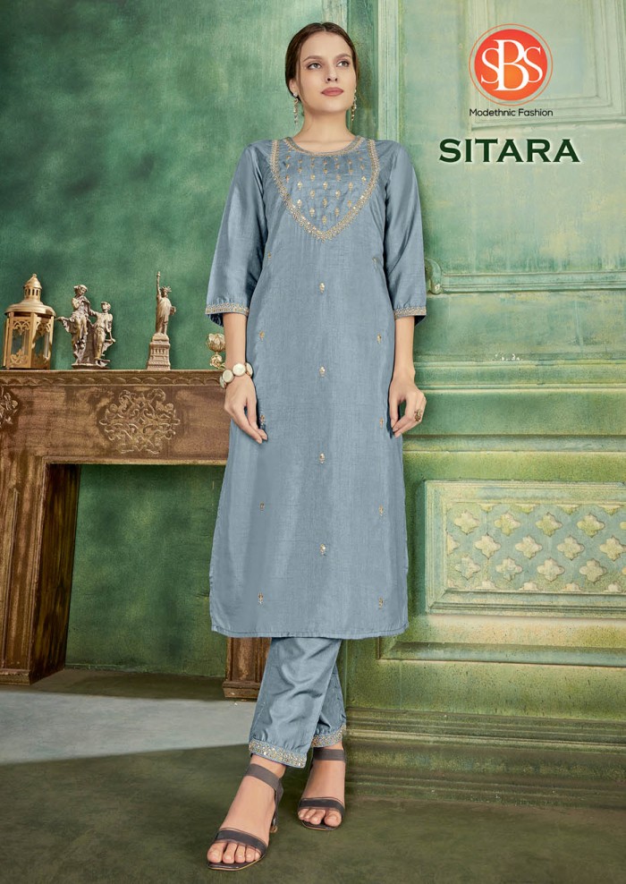 Women's Parampara Silk Light Blue Emroidery Work Sleeves Cuff Straight Kurti With Silk Bottom