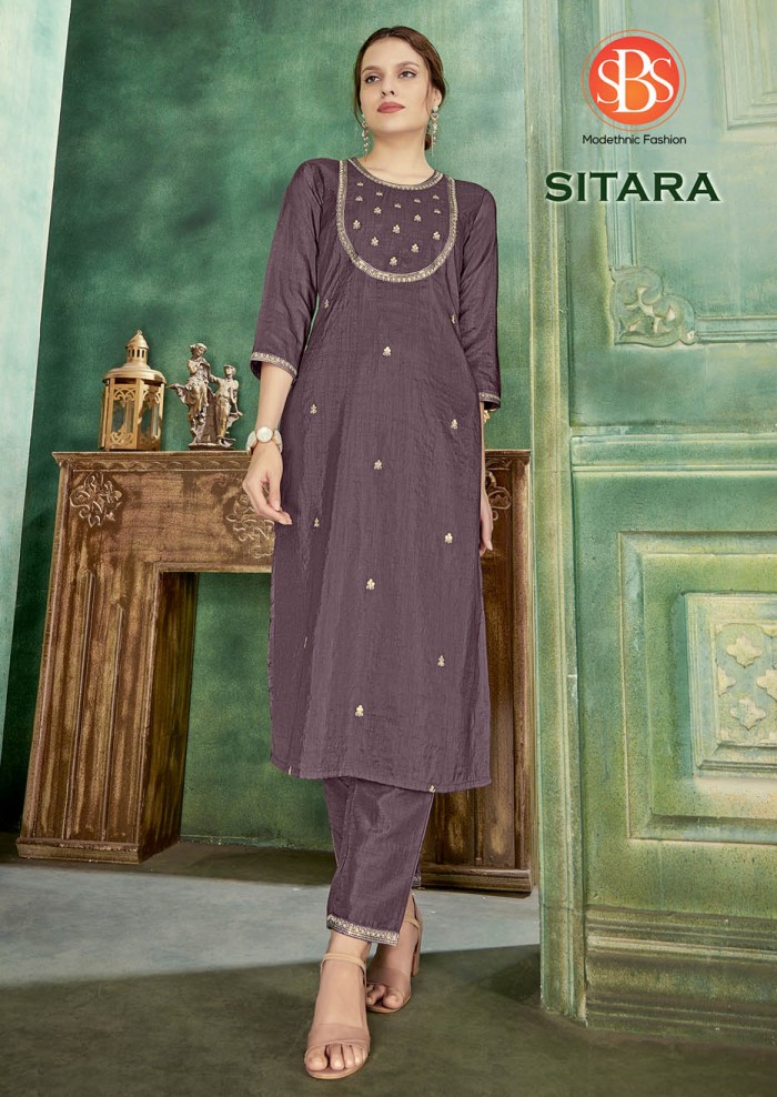 Women's Parampara Silk Wine Emroidery Work Sleeves Cuff Straight Kurti With Silk Bottom