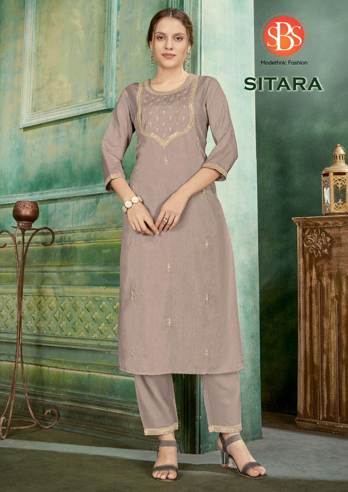 Women's Parampara Silk Cream Emroidery Work Sleeves Cuff Straight Kurti With Silk Bottom