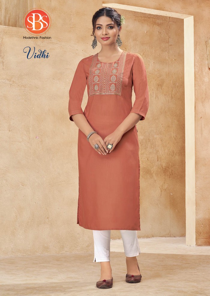 Women's Rayon Slub Peach Front Yog And Embroidery Work Straight Kurti With Anchor Stitch Sleeves