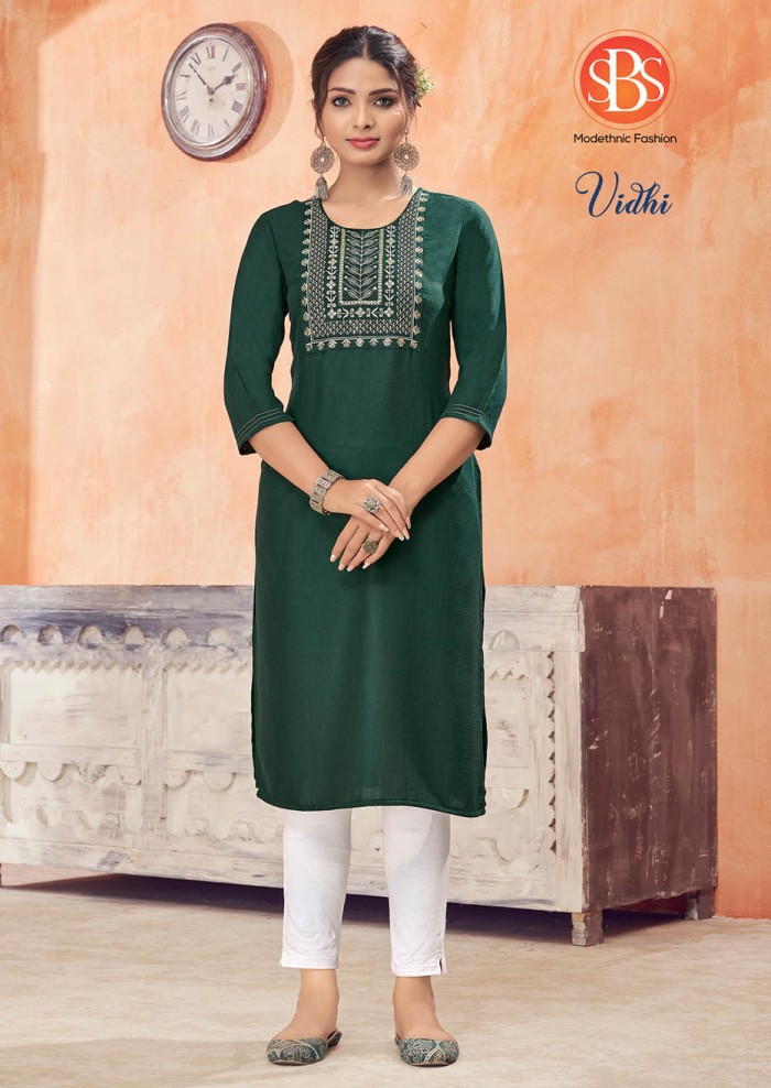 Women's Rayon Slub Green Front Yog And Embroidery Work Straight Kurti With Anchor Stitch Sleeves