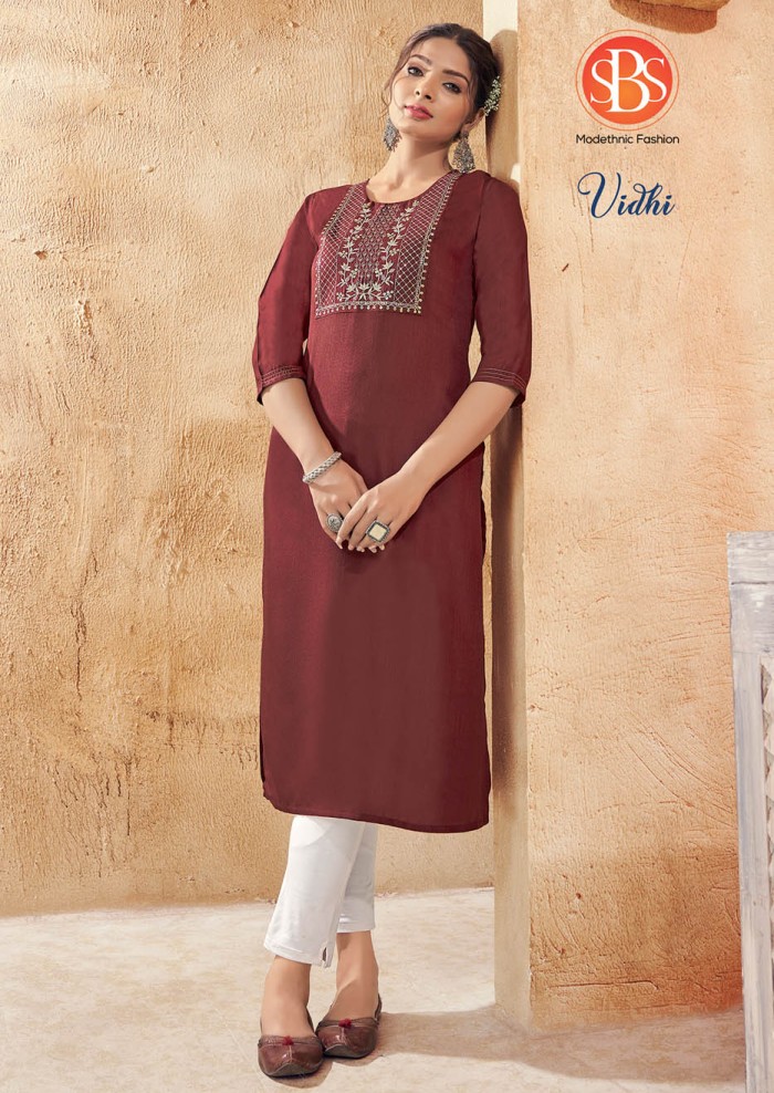 Women's Rayon Slub Maroon Front Yog And Embroidery Work Straight Kurti With Anchor Stitch Sleeves