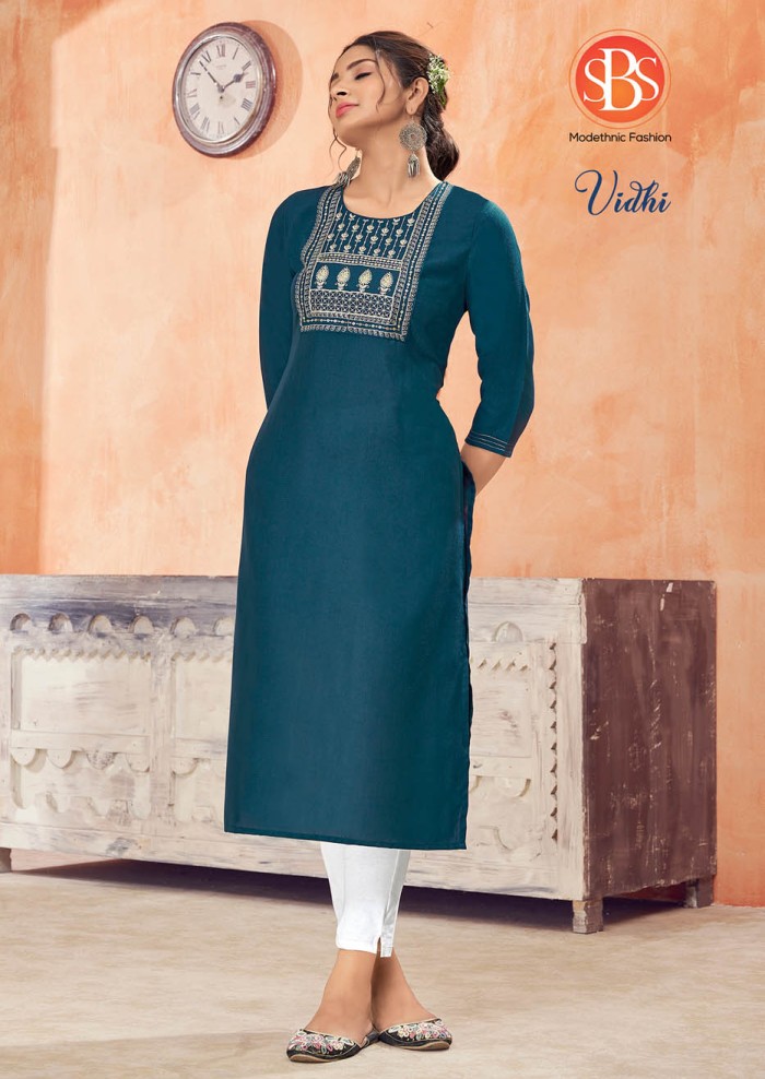 Women's Rayon Slub Blue Front Yog And Embroidery Work Straight Kurti With Anchor Stitch Sleeves