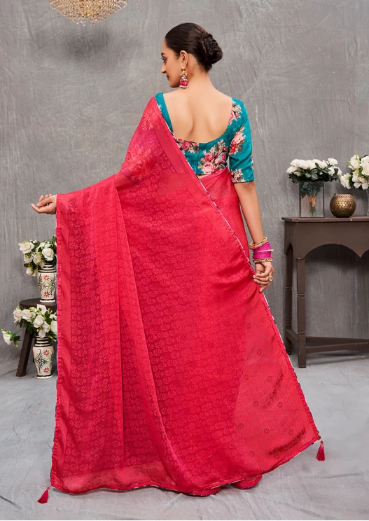 Women's Brasso Negative Floral Print Gajari Saree