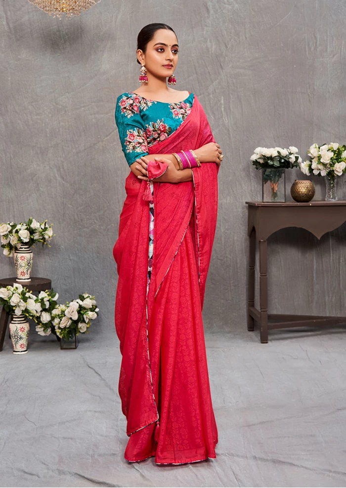 Women's Brasso Negative Floral Print Gajari Saree