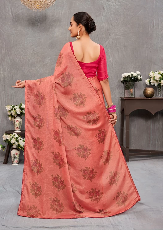 Women's Allover Brasso Floral Print Light Pink Saree