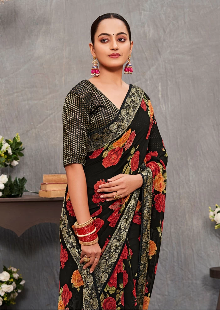 Women's Georgette Floral Print With Ready-made Lace Black Saree