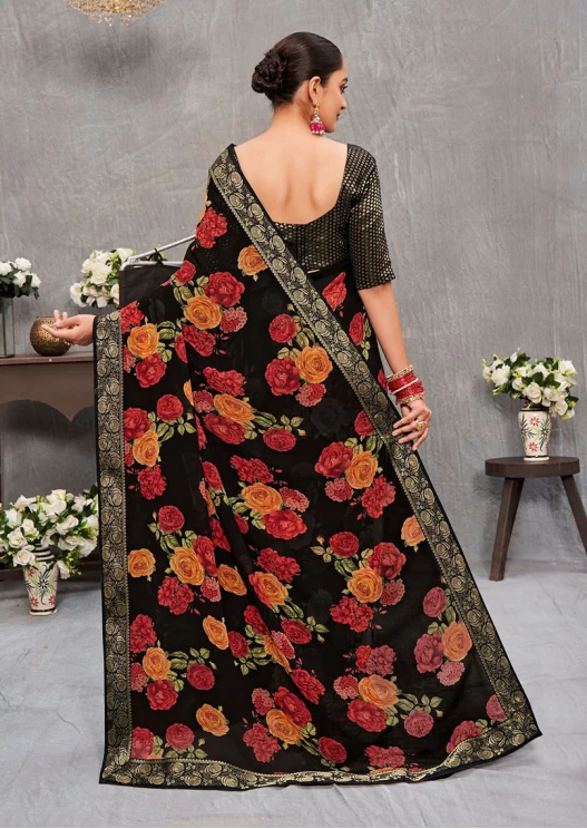 Women's Georgette Floral Print With Ready-made Lace Black Saree