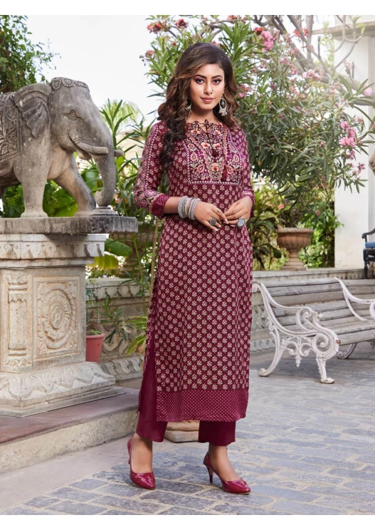 Women's Muslin Maroon Round Neck Straight Printed And Hand Work Kurti With Bottom