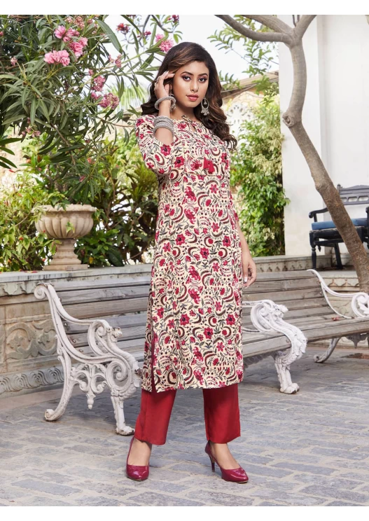 Women's Muslin Off-white Round Neck Straight Printed And Hand Work Kurti With Bottom