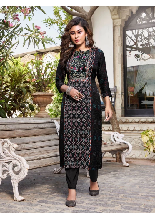 Women's Muslin Black Round Neck Straight Printed And Hand Work Kurti With Bottom