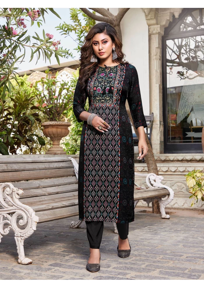Women's Muslin Black Round Neck Straight Printed And Hand Work Kurti With Bottom
