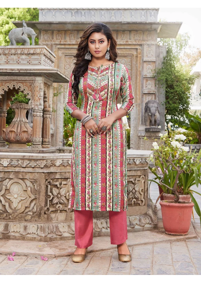 Women's Muslin Gajri Round Neck Straight Printed And Hand Work Kurti With Bottom