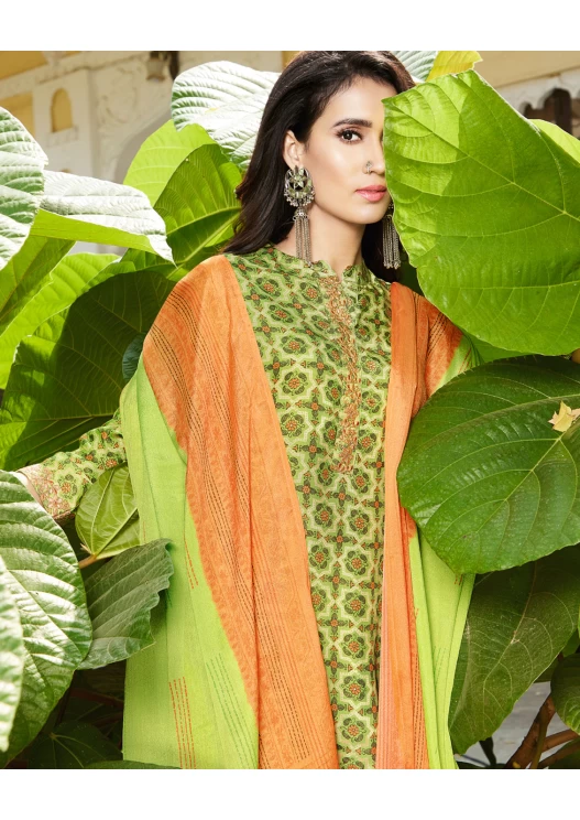 NIRALI 3282 SEA GREEN SILKY COTTON SUIT WITH OFF WHITE+SEA GREEN SILKY COTTON DUPATTA