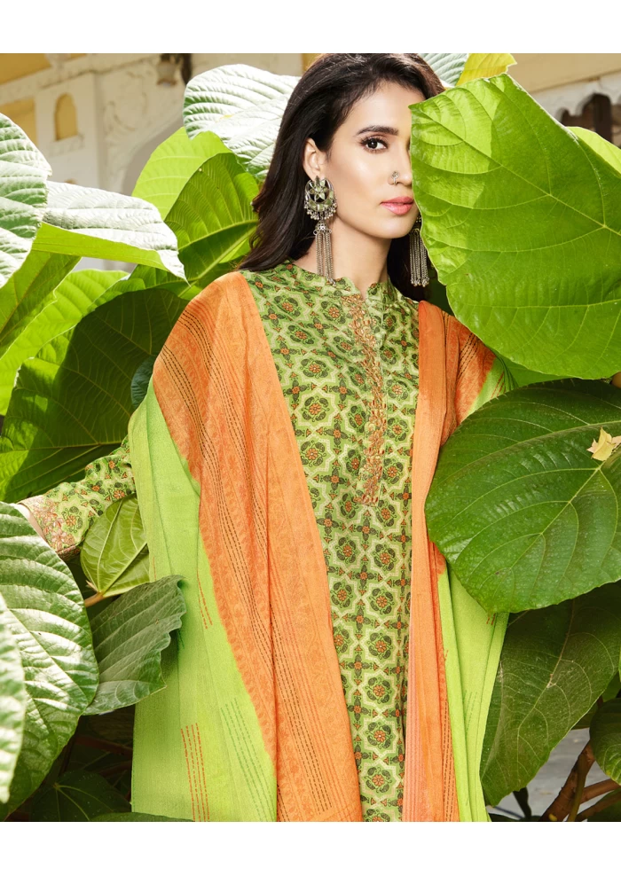 NIRALI 3282 SEA GREEN SILKY COTTON SUIT WITH OFF WHITE+SEA GREEN SILKY COTTON DUPATTA