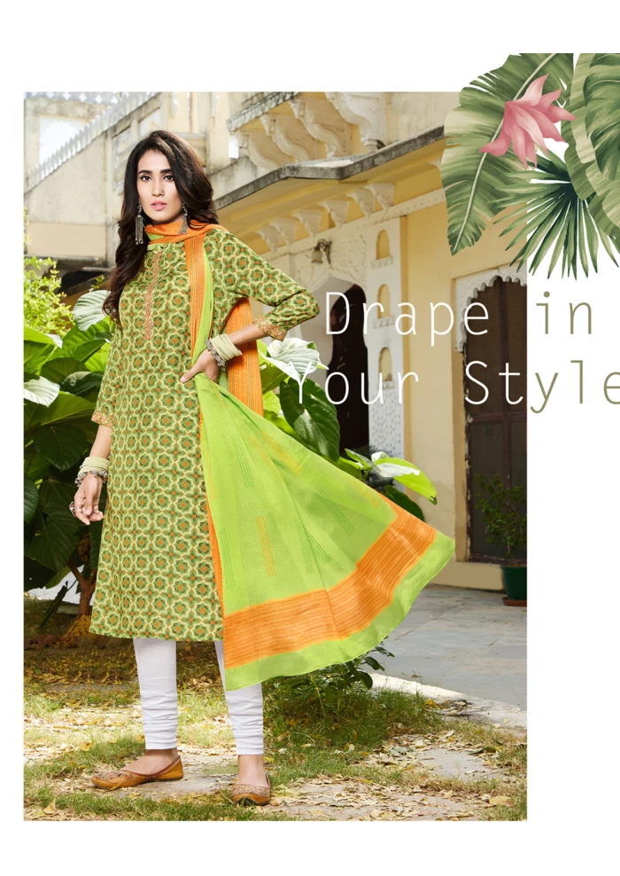 NIRALI 3282 SEA GREEN SILKY COTTON SUIT WITH OFF WHITE+SEA GREEN SILKY COTTON DUPATTA