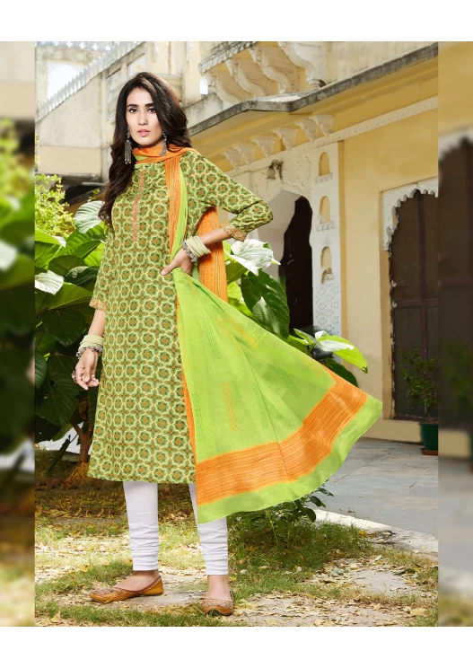NIRALI 3282 SEA GREEN SILKY COTTON SUIT WITH OFF WHITE+SEA GREEN SILKY COTTON DUPATTA