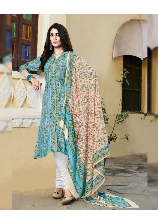 NIRALI 3283 TEAL BLUE SILKY COTTON SUIT WITH TEAL BLUE+GREEN SILKY COTTON DUPATTA