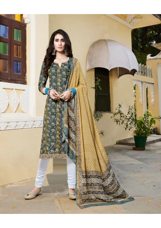 NIRALI 3284 DARK GREEN SILKY COTTON SUIT WITH LIGHT YELLOW SILKY COTTON DUPATTA