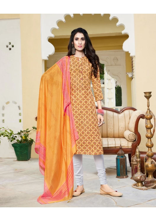 NIRALI 3285 ORANGE SILKY COTTON SUIT WITH ORANGE+PINK SILKY COTTON DUPATTA