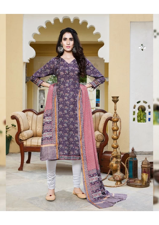 NIRALI 3287 PURPLE SILKY COTTON SUIT WITH PURPLE+CARNATIONS PINK SILKY COTTON DUPATTA