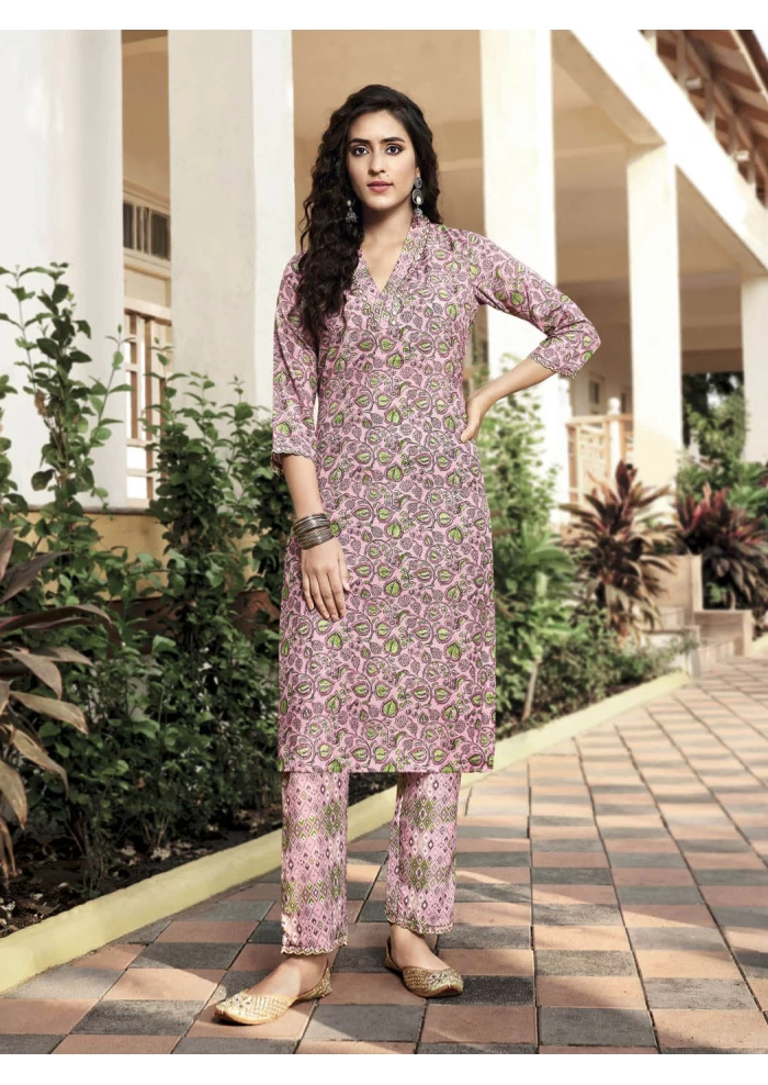 Women's Muslin Misty Rose V-neck And Kalimundi Work Printed Straight Kurti With Printed Bottom
