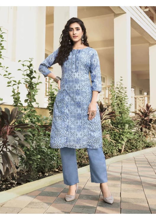 Women's Muslin Skyblue Round Neck, Kalimundi Work And Sleeves Cuff Printed Straight Kurti With Plain Bottom