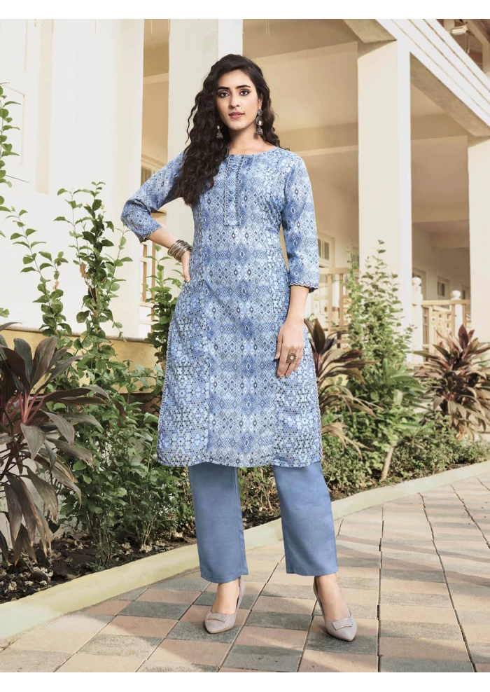 Women's Muslin Skyblue Round Neck, Kalimundi Work And Sleeves Cuff Printed Straight Kurti With Plain Bottom